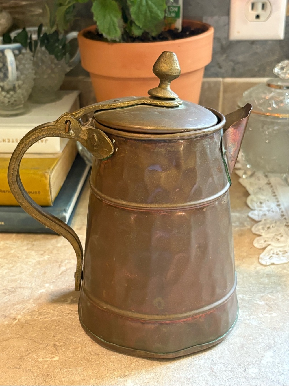 Vintage Solid Copper Pitcher Ewer Made in India Lidded Rustic Farmhouse Patina